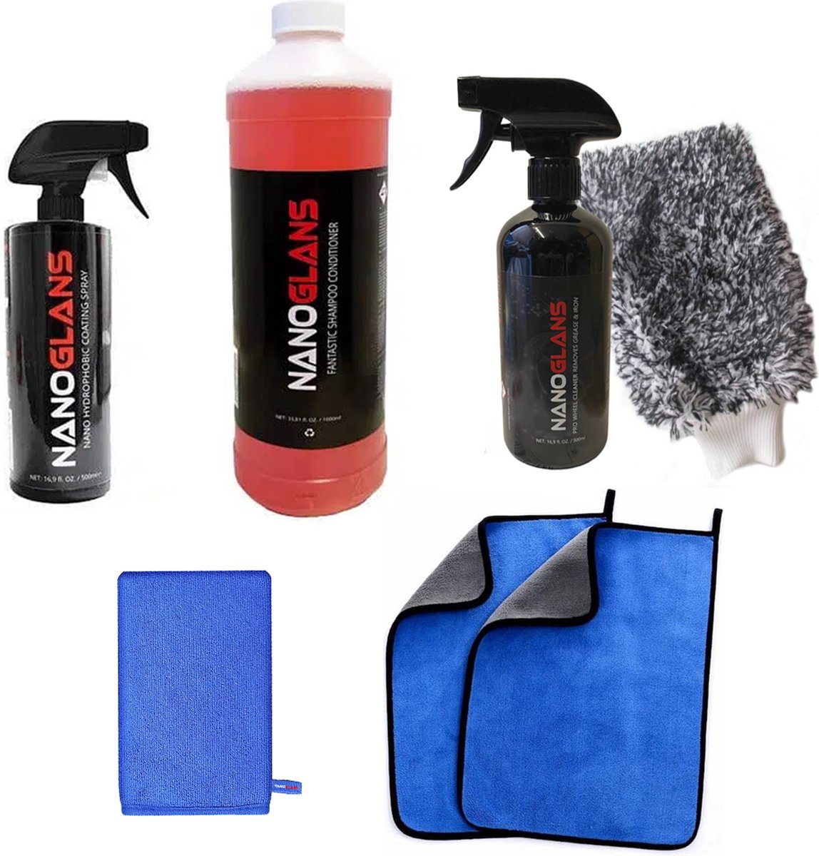 Nanoglans Auto cleaning starter pakket | 7 Delig | Auto Coating | Auto wassen | Autoshampoo | Velgenreiniger | Washandschoen | Microvezeldoeken | Clay Mitt