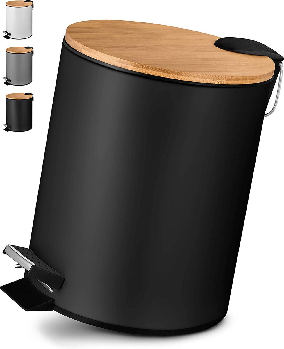 5 liter cosmetica-emmer in elegant zwart design, pedaalemmer met softclose, elegante emmer voor de badkamer, met binnenbak en bamboe houten deksel