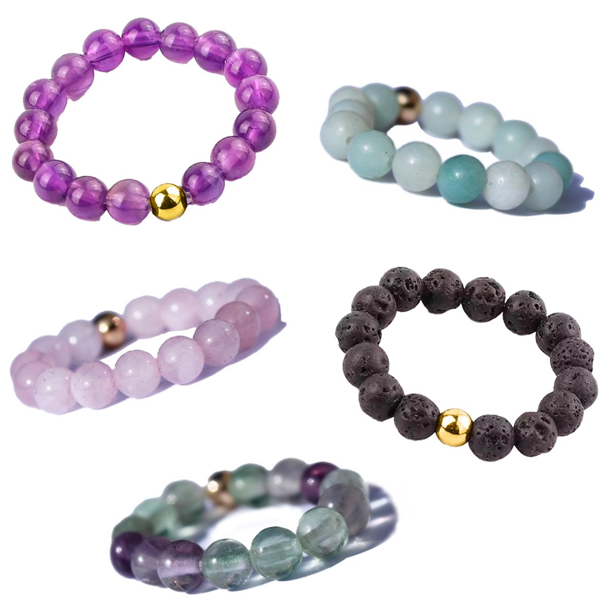 Bixorp Gems Edelstenen Ringen Set Fluoriet + Lavasteen + Rozenkwarts + Amethist + Amazoniet - Kralenring