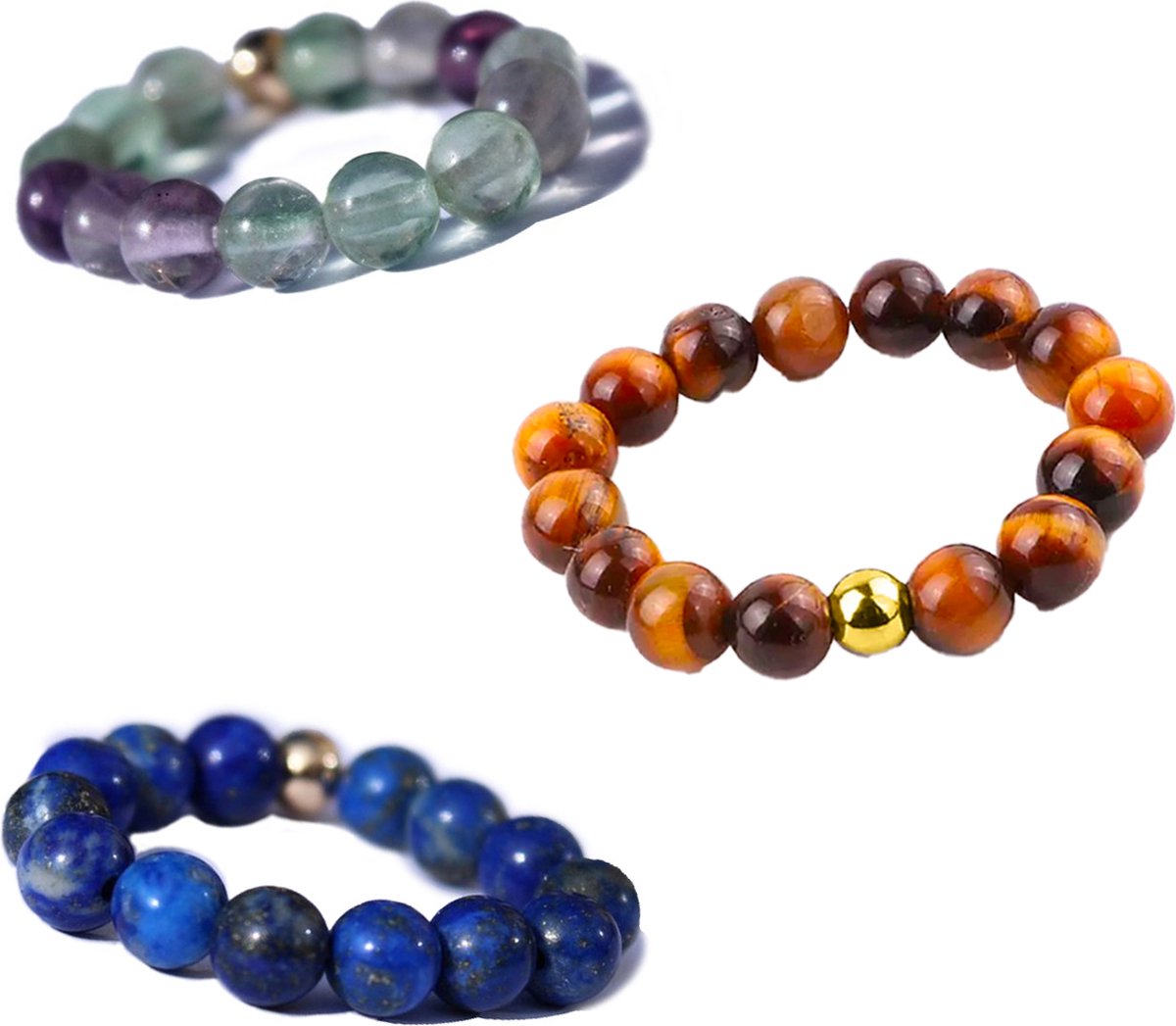 Bixorp Gems Edelstenen Ringen Set Lapis Lazuli + Fluoriet + Tijgeroog - Kralenring