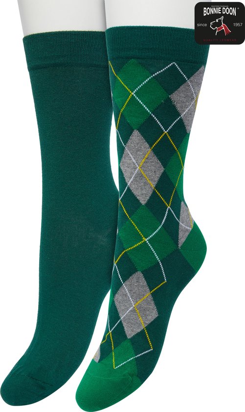 Bonnie Doon Dames Sokken set Donker Groen maat 36/42 - 2 paar - Effen en Geruit - Gladde Naden - Brede Boord - Uitstekend Draagcomfort - Perfecte Pasvorm - 2-pack - Multipack - Effen - Argyle - Donkergroen - Trekking Green - OL211122.380