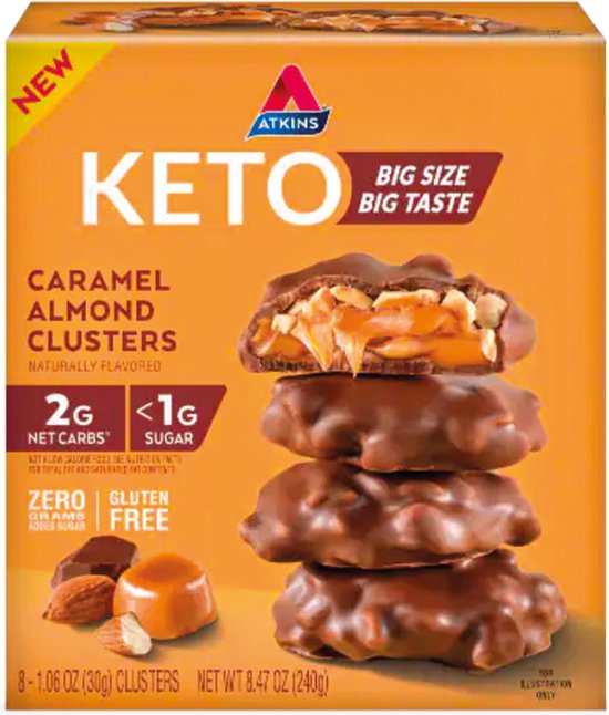 Atkins Keto Karamel Amandel Clusters: gestapelde chocoladeclusters met karamel en amandelen, 2g netto koolhydraten, <1g suiker.