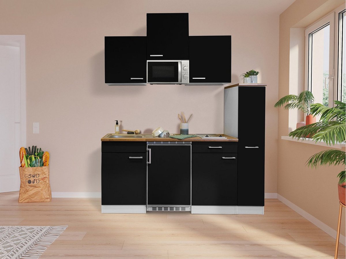 Goedkope keuken 180 cm - complete kleine keuken met apparatuur Luis - Wit/Zwart - elektrische kookplaat - koelkast - magnetron - mini keuken - compacte keuken - keukenblok met apparatuur