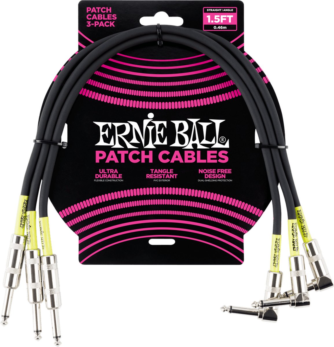 Ernie Ball 6076 patchkabel haaks/recht 46 cm zwart (3 stuks)