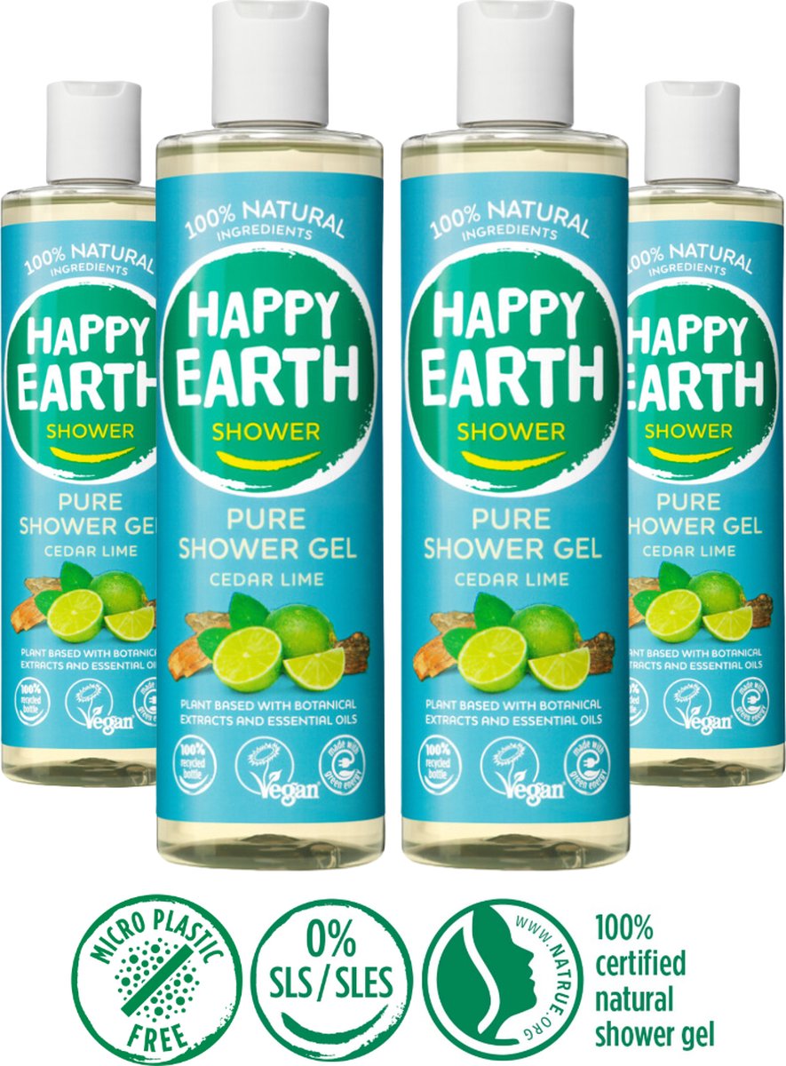 Happy Earth Pure Douchegel Cedar Lime Multi Pack - 4 x 300 ml
