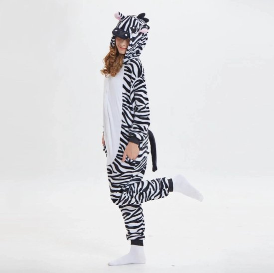 Onesie Zebra - Maat 122/128 - Verkleedkleren - Kostuum - Carnaval - Jumpsuit - Pyjama - Kerst - Jungle - Merkloos