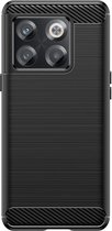 OnePlus 10T Hoesje - MobyDefend TPU Gelcase - Geborsteld Metaal + Carbonlook - Zwart - GSM Hoesje - Telefoonhoesje Geschikt Voor OnePlus 10T