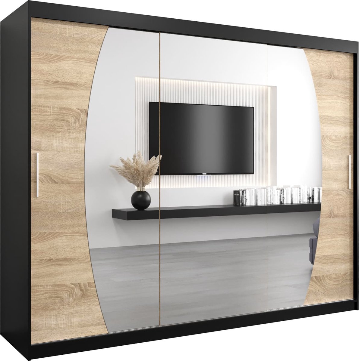 InspireME Kledingkast met 3 schuifdeuren, Modern-stijl, Een kledingkast met planken en een spiegel (BxHxD): 250x200x62 - GLOBE 250 Zwart Mat + Sonoma Eik