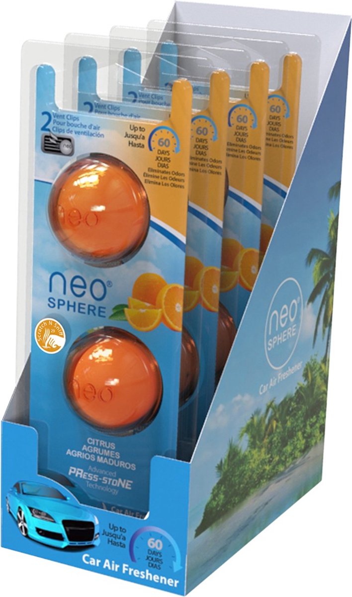 Neo-Sphere, Autoparfum – Citrus/Oranje – 4x duopack (8 stuks) – Luchtverfrisser voor het ventilatierooster van de auto – Compact autogeurtje 60 dagen fris