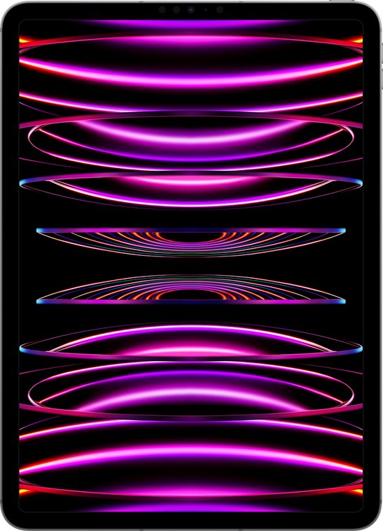 Een donkergrijze iPad Pro met een scherm vol paarse en roze gloeiende lijnen. Het design is gestapeld met hypnotiserende golven.