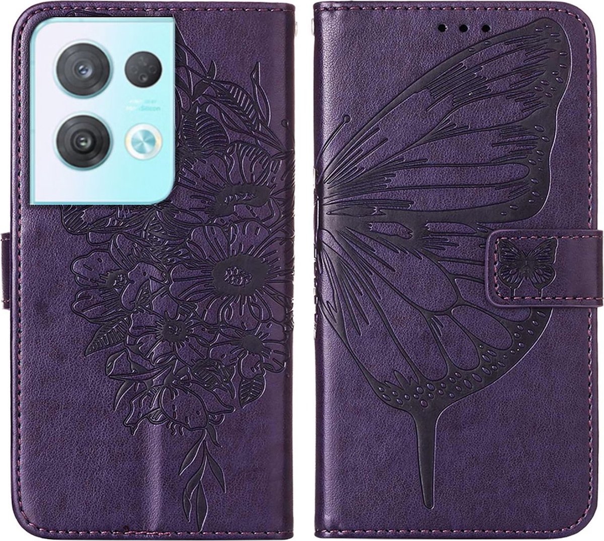 Mobigear Telefoonhoesje geschikt voor OPPO Reno 8 Pro 5G Hoesje | Mobigear Butterfly Bookcase Portemonnee | Pasjeshouder voor 3 Pasjes | Telefoonhoesje voor Pinpas / OV Kaart / Rijbewijs - Paars
