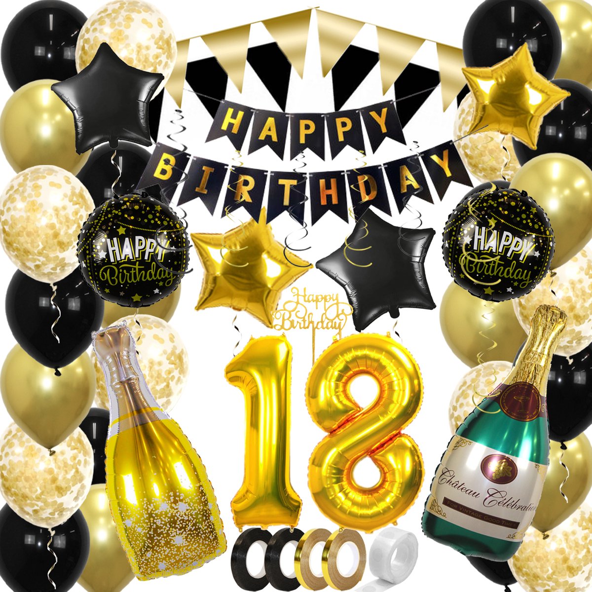 18 Jaar Feest Verjaardag Versiering Confetti Helium Ballonnen Slingers Happy Birthday Goud & Zwart Decoratie – 60 Stuks - BTH
