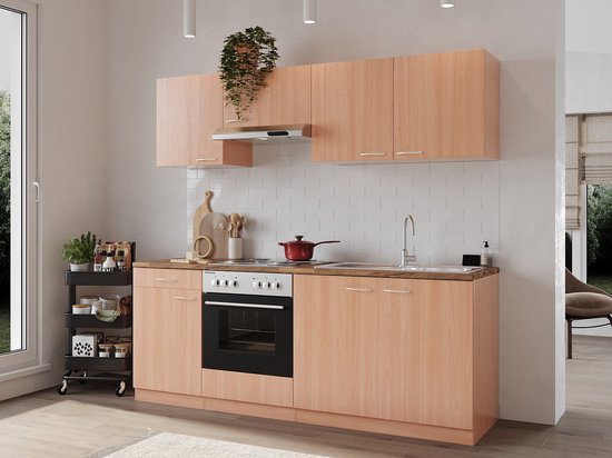 Goedkope keuken 210 cm - complete keuken met apparatuur Gerda - Beuken/Beuken -... bol.com