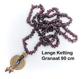 Granaat - Wilskracht - Lange Ketting met Geluksmunt - Feng Shui - Mandala - Kralen - Split - 90cm