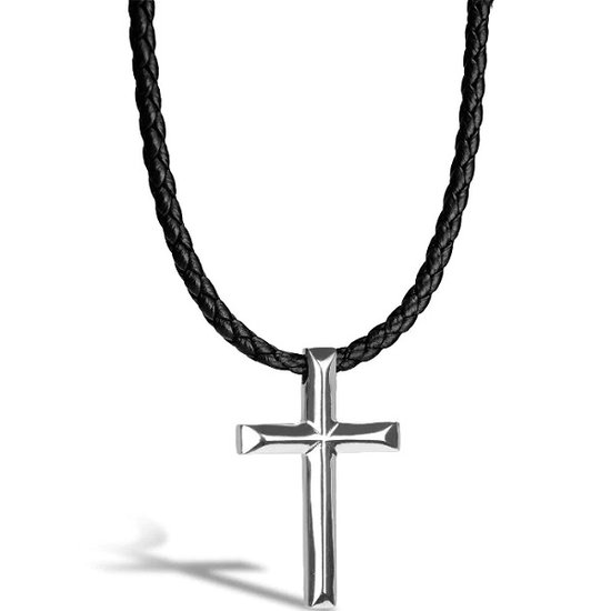 SERASAR Collier Cuir Homme [Cross], Argent 60cm, Bijoux Premium