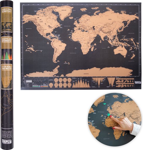Triple J® Kras Wereldkaart - Scratch Map - Kraskaart - Worldmap - Zwart