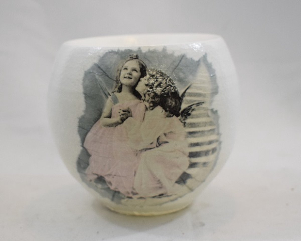 ZoeZo Design - Bloempot - kleine bloempot - overpot - wit - nostalgisch - met afbeelding - Hoogte 13 cm - Ø 15 cm