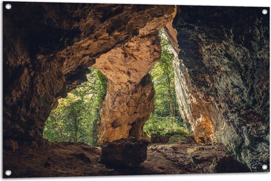 WallClassics - Tuinposter – Grote Grot in Bos - 105x70 cm Foto op Tuinposter  (wanddecoratie voor buiten en binnen)