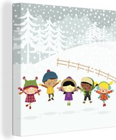 Canvas Schilderij Een illustratie van vijf kinderen in de sneeuw - 20x20 cm - Wanddecoratie