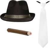 Smiffys - Gangster/Maffia verkleed set hoed zwart met witte stropdas en vette sigaar