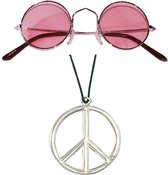 Widmann - Hippie Flower Power verkleed set peace ketting en ronde roze glazen party bril
