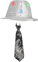 Toppers in concert - Smiffys Verkleedkleding set zilver LED light hoedje/stropdas volwassen