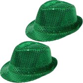 Partychimp Trilby hoeden met pailletten - 2x stuks - groen - glitter