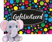 Keel toys - Cadeaukaart A5 Gefeliciteerd met superzacht knuffeldier olifant 25 cm