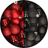 Kerstballen 34x st - 3 cm - rood en zwart - kunststof