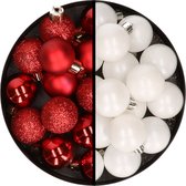 Kerstballen 36x stuks - 3 en 4 cm - rood en wit - kunststof