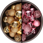 Kerstballen - 74x stuks - goud en roze - 6 cm - kunststof