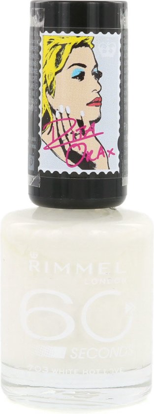 Witte Rimmel London 60 Seconds nagellak met pop-art afbeelding op dop.