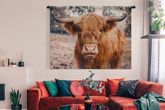 Tapisserie Murale - Toile Murale - Vache - Highlander écossais - Cornes - Marron - Paysage - 180x135 cm - Tapisserie