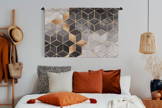 Tapisserie - Tapisserie - Abstrait - Cube - Or - Motifs - Zwart - Wit - 150x100 cm - Tapisserie