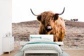 Behang - Fotobehang Schotse hooglander - Landschap - Koe - Bruin - Dieren - Natuur - Breedte 525 cm x hoogte 350 cm