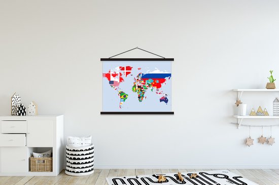Posterhanger incl. Poster 120x90 cm - Schoolplaat - Wereld - Kaart - Vlag - Landen - Textielposter - Zwarte latten