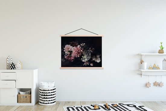 Posterhanger incl. Poster 120x90 cm - Schoolplaat - Bloemen - Vintage - Pastel - Roze - Wit - Textielposter - Blanke latten