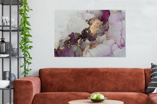 Toile Peinture Marbre - Abstrait - Or - Violet - 140x90 cm - Décoration murale