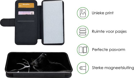 Étui pour téléphone iPhone 7 Bookcase - Cerf - Zwart Wit - Portrait - Avec poches - Étui portefeuille avec fermeture magnétique