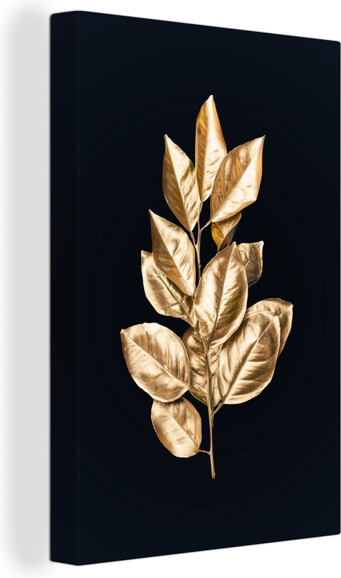 Canvas Schilderij Plant - Bladeren - Goud - Zwart - Luxe - Wanddecoratie