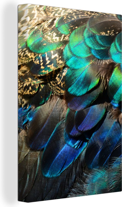 Peinture sur Toile Ressorts - Plumes de Paon - Paon - Blauw - Art - 120x180 cm - Décoration murale XXL