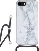 Hoesje met koord Geschikt voor iPhone SE 2020 - Marmer print - Patroon - Gijs - Wit - Marmer printlook - Luxe - Siliconen - Crossbody - Backcover met Koord - Telefoonhoesje met koord - Hoesje met touw