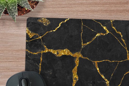 Muismat - Mousepad - Marmer - Goud - Zwart - Marmerlook - Glitter - 19x23 cm - Muismatten