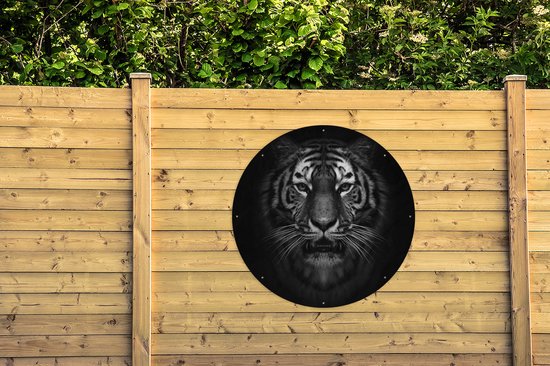 Tuincirkel Tijger - Dieren - Zwart - Wit - Portret - Wild - 120x120 cm - Ronde Tuinposter - Buiten XXL / Groot formaat!