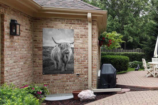 Affiche jardin - Toile Posters de jardin extérieur - Highlander écossais - Animaux - Nuages - Vache - Nature - 80x120 cm - Jardin