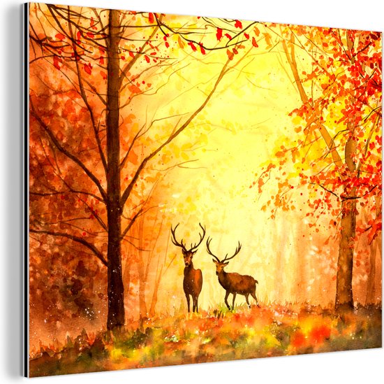 Wanddecoratie Metaal - Aluminium Schilderij Industrieel - Natuur - Olieverf - Hert - Dieren - Herfst - Oranje - 80x60 cm - Dibond - Foto op aluminium - Industriële muurdecoratie - Voor de woonkamer/slaapkamer