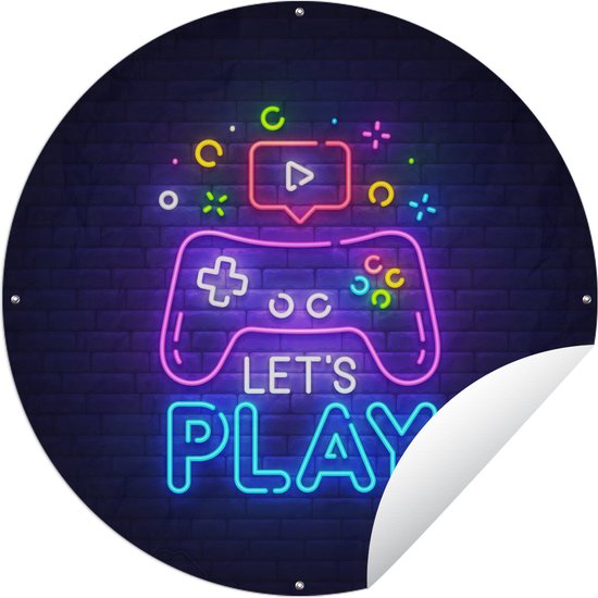 Tuincirkel Gaming - Neon - Let's Play - Controller - Quotes - 60x60 cm - Ronde Tuinposter - Buiten