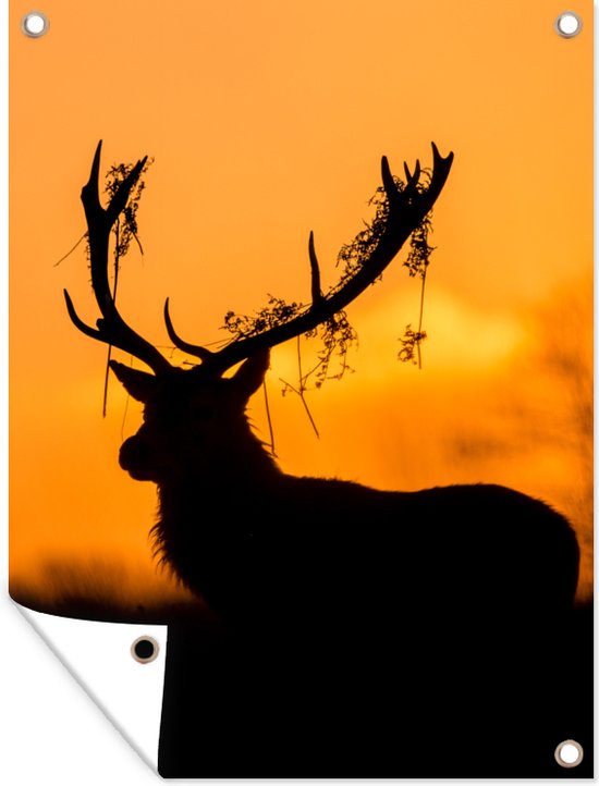 Tuinposter 120x160 cm - Tuindecoratie Hert - Oranje - Silhouet - Dieren - Natuur - Poster voor in de tuin - Buiten decoratie - Schutting tuinschilderij - Tuindoek muurdecoratie - Wanddecoratie balkondoek