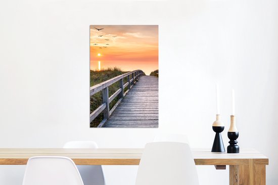 Wanddecoratie Metaal - Aluminium Schilderij Industrieel - Zonsonderang - Zee - Pad - Gras - Duin - Vogels - 60x90 cm - Dibond - Foto op aluminium - Industriële muurdecoratie - Voor de woonkamer/slaapkamer