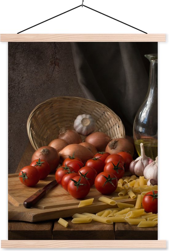 Posterhanger incl. Poster 40x53 cm - Schoolplaat - Snijplank - Groente - Stilleven - Pasta - Uit - Tomaat - Snijplank - Textielposter - Blanke latten